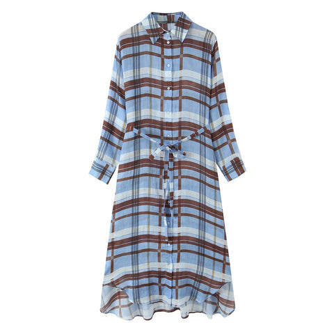 Zevity Women Vintage Long Sleeve Lapel Collar Plaid Print Casual Shirt Dress Female Chic Pespective Brand Party Vestidos DS9522
