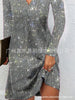 Women's Silver Sequins Evening Dress Long Sleeve Solid V Neck Sparkly Party Mini Dress Elegant Autumn Prom Dresses