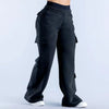 Women Low Waist Belted Straight Leg Wide Leg Trousers Solid Color Casual Joggers Multiple Pockets American Work Pants
