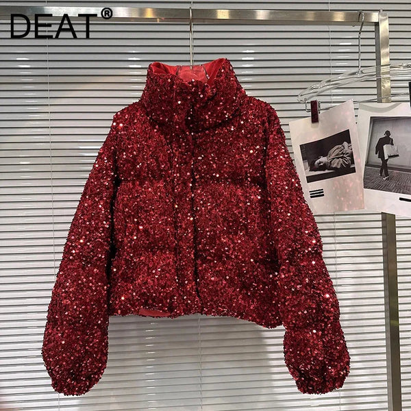 Winter Heavy Industry Colorful Sequin Stand Collar Warm Jacket For Women Cotton-padded Coat 11A07258