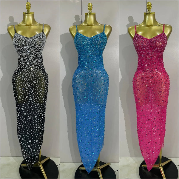 Women Sparkly Diamonds Mesh Sheer Stretch Long Dress Eveing Celebrate Birthday Party Nightclub Sexy Stage Costume