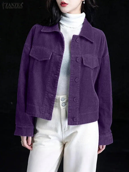 Women Autumn Corduroy Coats Lapel Neck Long Sleeve Jackets Woman Outwears Casual Buttons Up Coats Oversize