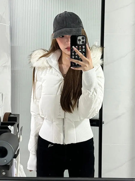 Autumn & Winter High-Waisted Cropped Jacket Sweet Warm Cotton Padded Coat Women Fur Collar Hooded Jacket Y2k Parkas Streetwear