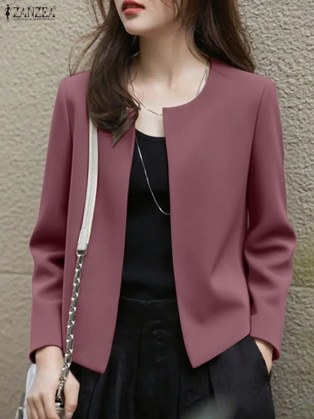 Elegant Chic Women's Lightweight Blazer Autumn O-Neck Long Sleeve Open-Front Solid Color Outerwear Office Lady S-3XL