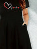 Women's Four Seasons Love at First Sight Heartbeat Printed Casual Loose Black Short Sleeved Large Short Skirt Dress