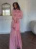 High Neck Ruffled Bell Sleeve Belted Waist Tiered Hem Elegant Maxi Dress Women Formal Evening Gown