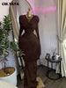 Women O-neck Pile Collar Long Sleeve Ruched Maxi Long Dress Spring Sexy Cocktail Birthday Holiday Party Dresses