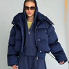 Solid Hooded Cropped Puffer Jacket Women Stand Collar Snap Button Loose Long Sleeve Jackets Winter Casual Warm Padded Coat