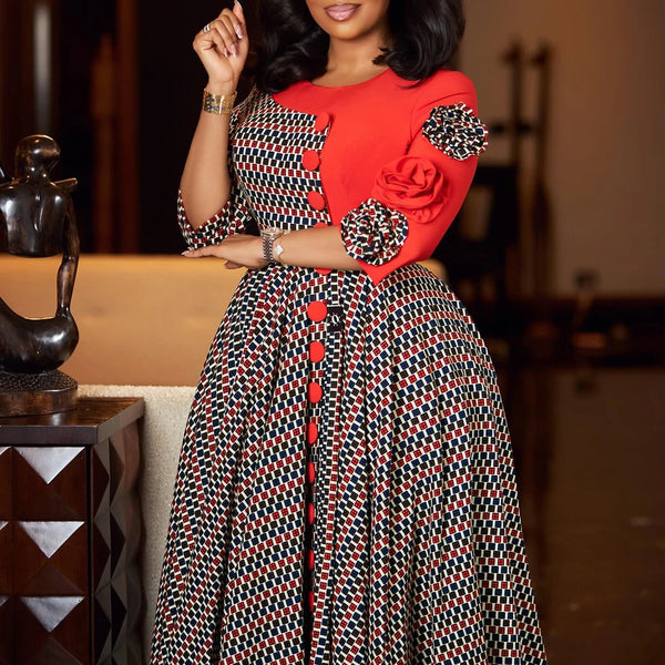 Elegant Dresses for Women Fall African 3/4 Sleeve Party Birthday Robe Chic 3D Flower Plaid Evening A-Line Dress
