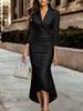 Elegant Satin European Style Dress for Women Sexy V-neck Solid Three-quarter Sleeves Slim Asymmetric Hem Midi Dresses Autumn