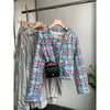 Women's Woven Coarse Patterned Plaid Long Sleeved Short Jacket Tweed Coats Elegant Outwear