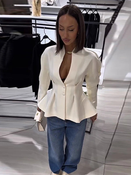 Elegant Ruffle Women's Coats Hollow-out V-neck Full Sleeve Waist-cinching Pleated Jackets Spring Autumn Daliy Outwears