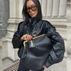 Black Jacket Women's Coat Faux Leather Jacket Outerwears Demi-Season Bomber Moto Biker Zipper Jacket High Neck Short Coat