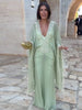 Elegant Green Lace V Neck Maxi Dress Women Chic Full Flared Sleeve Pleated Slim Fit Layered Gown Evening Wedding Guest Robe