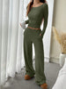 Women's Solid-Color Ribbed Loose-Fit Crew-Neck Top and Pocketed Wide-Leg Pants Set