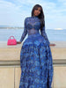 Royal Blue Dress for Women Mid-turtleneck High Waist Transparent Light Long Dress with Sleeves Streetwear Pleated Maxi Dress