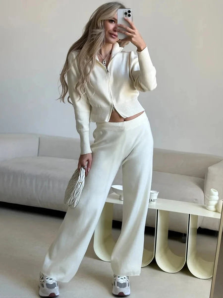 Women's Knit Zip Up Cardigan Wide Leg Pants Set Soft Fabric Cropped Elastic Waist Autumn Winter Sweater