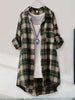 Women's Vintage Red Plaid Long Shirt Dress, Casual Loose Fit Button Down Blouse, Roll Up Long Sleeve Lapel Collar Pocketed Tunic