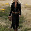 Western Retro Solid Suede Spliced Tassel Dress Woman Sexy Hollow Zipper Lapel Party Dress Autumn Long Sleeve Slim Bodycon Dress