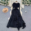 Women's French-Style Dress for Autumn - Ruffled, Pleated, Ruched, Asymmetrical with Tie Waist, Elegant Design