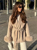 Elegant Lace Up Woolen Short Coat Solid Loose Lapel Furry Long Sleeve Belt Waist Jacket Spring Autumn Lady Chic Cardigan