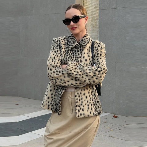 Leopard Print Women Winter Coat Faux Fur Coat Lapel Waist Tightened Jacket Single Breasted Long Sleeve Coat Daily Wear