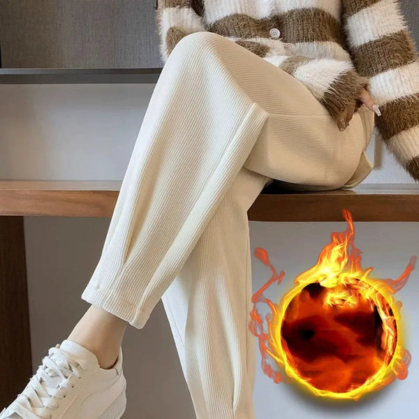 Autumn Winter Thickened Warm Harem Pants Women Versatile Casual Loose Corduroy Pants Lady Elastic Waist Plus Velvet Trousers
