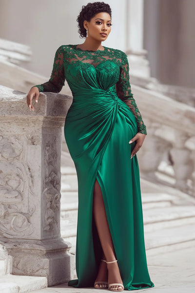 Women's Plus Size Satin Mermaid Evening Dress Lace Sleeve Ruched Waist Formal Maxi Dress with High Slit for Wedding Guest Prom