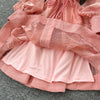 Women Elegant Floral Emboridery Dress Hollow Out Long Sleeve Single Breasted Belt French Court Chic Short A Line Dress