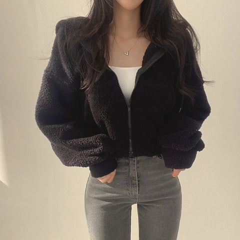 Women Autumn Winter Thicken Warm Fleece Hoodie Zipper Drawstring Short Coat Lamb Fur Velvet Jacket Casual Sweatshirt Streetwear