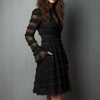 Sexy Sheer Mesh Fringe Trim Mini Dress Women Turn-Down Collar Party Dress Spring Autumn Long Sleeve Ruched A-Line Dress