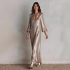 Elegant Slit Sequin Dress Women Autumn Winter Long Sleeve V-neck Loose Maxi Party Dresses Casual