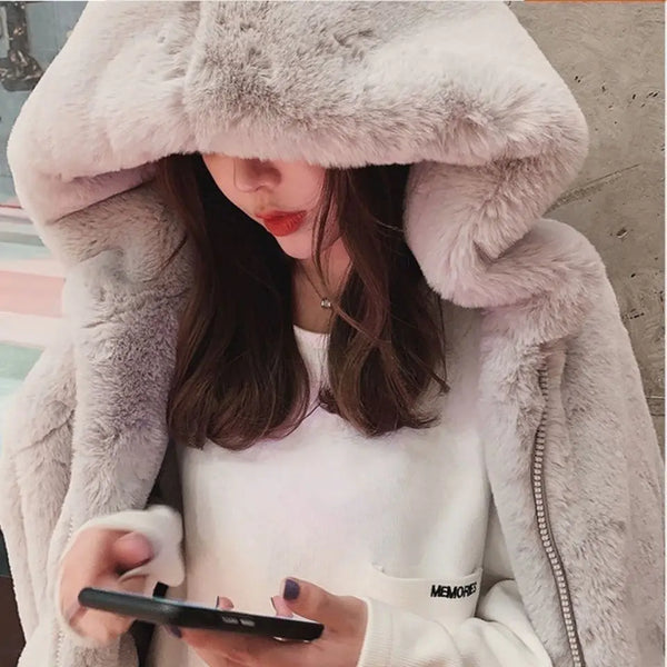 Coat Women's Autumn and Winter Loose Plush Faux Rabbit Fur Hooded Cardigan Women Casual Medium Length Fur Coat