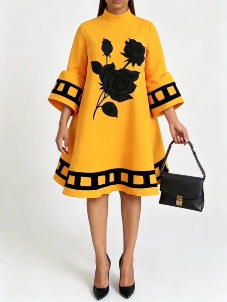 Flower Print Loose Yellow Dresses for Women Autumn Winter Clothes Flared Sleeves Woman Midi Casual A-line Dress