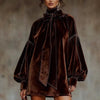 Retro Solid Soft Velvet Elegant Party Dresses Woman Sexy Bowknot Turtleneck Mini Dress Autumn Winter Lantern Sleeve A-Line Dress