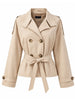 Khaki Lace Up Cape Trench Coat Loose Solid Full Sleeve Lapel Windbreaker Autumn Commute Casual Daily Coats