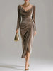 Elegant Velvet Swing Collar Dress for Women's Ruched Split Solid Office Lady Long Sleeve Slim Vintage Casual Wedding Guest Dress