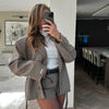 Women Checked Lapel Jacket Shorts Set Long Sleeve Buttons Belt Pocket Loose Blazer Suit Lady Office Commute Outfit