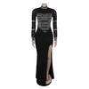 Women Full Sleeve Diamonds Mesh Rhinestones High Side Split Mermaid Maxi Long Dress Evening Sexy Party Dresses Vestidos