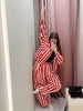 Vintage Contrast Striped Coat Pants Suit Women Chic Zipper Elastic Waist Button Lantern Trouser Suit Autumn Daily Street Outfit