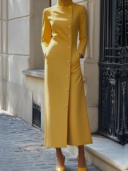 Women's Yellow Mandarin Collar Diagonal Long Sleeve Buttoned Maxi Dress for Wedding Guest Office Dress