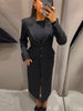 V-Neck Longline Tailored Double-Breasted Blazer Coat Black Peak Lapel Welt Pockets Autumn Elegant Office Women Outerwear