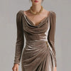 Elegant Velvet Swing Collar Dress for Women's Ruched Split Solid Office Lady Long Sleeve Slim Vintage Casual Wedding Guest Dress