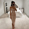 Women Christmas Party Dress Sequined Irregular Hem Evening Dress Low-cut Prom Wedding Party Formal Slit Hem Ladies Midi Dress
