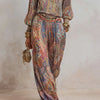 Boho Paisley Print Two-Piece Set for Women Sexy V-Neck Long Sleeve Blouse Top & Wide Leg Pants Casual Loose Suit for Vacation