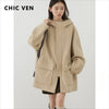 Women's Woolen Coat Loose Solid British Hooded Jackets Drawstring Mid-length Ladies Windbreaker Autumn Winter