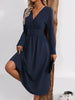 Elegant Solid Color Knit Dress for Women Fall Winter Overlap V-Neck Long Sleeve with Waist Shirring Bodycon Long Maxi Dress