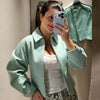 Cropped Tweed Jacket Women's Jacket Demi-Season Zip-Up Long Sleeve Top Mint Green Textured Outerwear Streetwear Coats