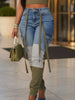 Women High Waist Skinny Jeans Patchwork Spliced Ribbon Decor Cargo Pocket Slim Denim Pants Autumn