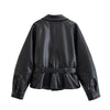 Women Black Short Faux Leather Trench Coat Long Sleeve Lapel Jacket With Belt Vintage Lady Motorcycle Jacket Outwear